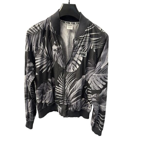 Womens Victoria Secret Pink Floral Tropical Black Jersey Full Zip Jacket, Small - Picture 1 of 6
